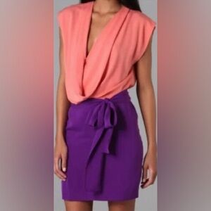 DVF Diane Von Furstenberg Reara Draped Silk Color Block Coral Purple Dress Sz 8